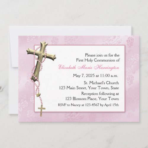 Pink Rosary Beads Cross Religious Invitation