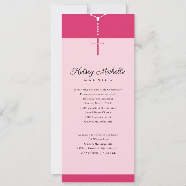Pink Rosary Beads First Communion Cross Invitation (Front)