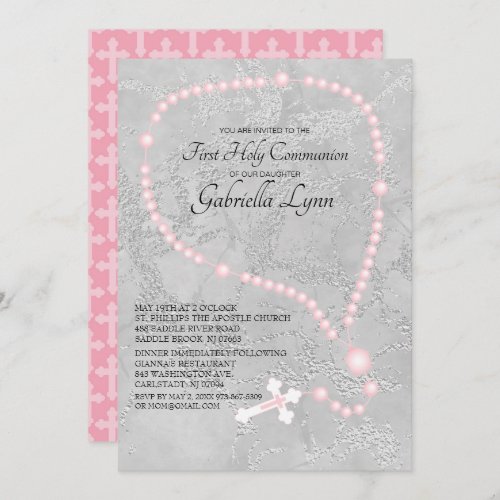 Pink Rosary Beads First Holy Communion Invitation