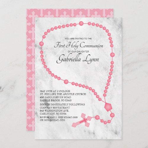 Pink Rosary Beads First Holy Communion Invitation