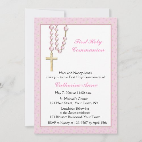 Pink Rosary Beads Floral Religious Invitation