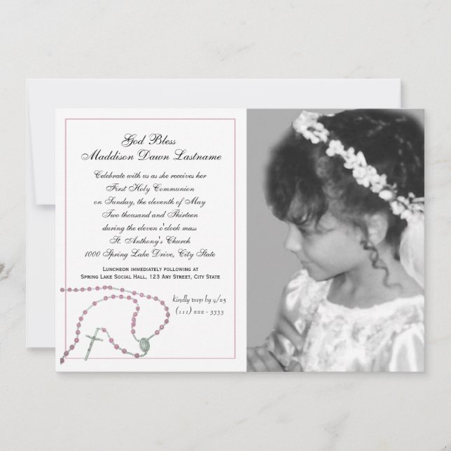 Pink Rosary Communion Photo Invitation (Front)