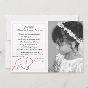 Pink Rosary Communion Photo Invitation