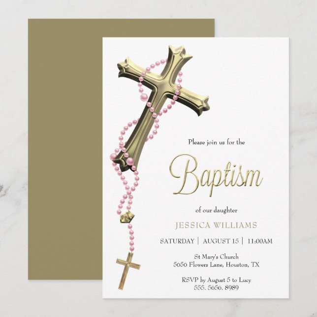 Pink Rosary Decorated Gold Cross Baptism Invitation (Front/Back)