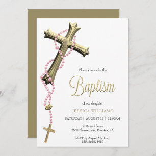 Pink Rosary Decorated Gold Cross Baptism Invitation
