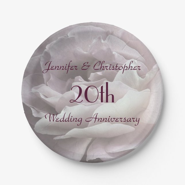 Pink Rose, 20th Wedding Anniversary Floral Paper Plates (Front)