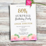 Pink Rose 80th Surprise Birthday Party Invitation<br><div class="desc">Pink Rose 80th Surprise Birthday Party Invitation for her. Come celebrate the 80th birthday of a special woman! Join us to honor her with a surprise party! The theme for this event is pink roses and green tropical leaves - a beautiful combination that will make the day extra special. Perfect...</div>