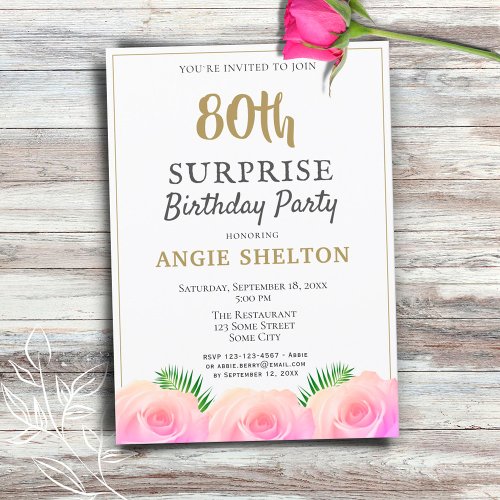 Pink Rose 80th Surprise Birthday Party Invitation