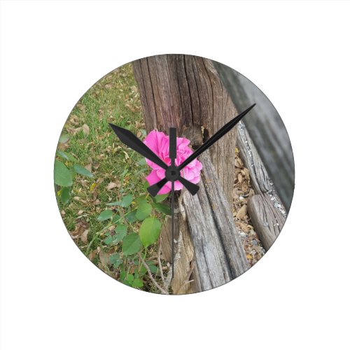 Pink Rose Against Wooden Fence Round Wall Clock