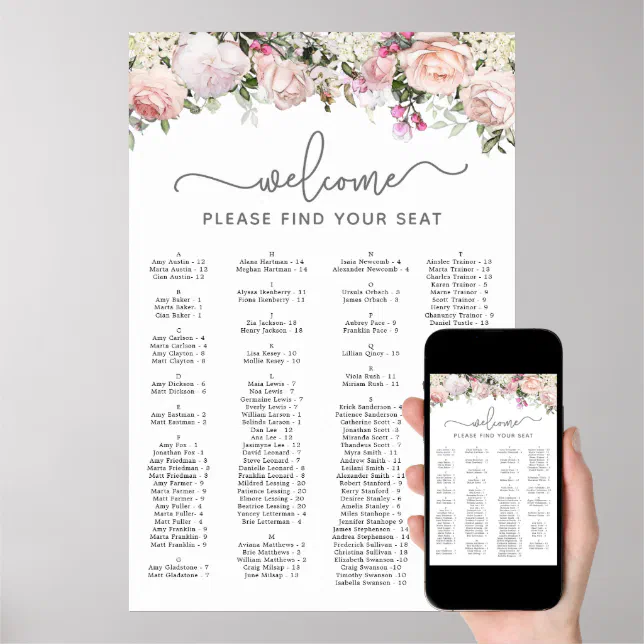 Pink Rose Alphabetical Quinceanera Seating Chart | Zazzle