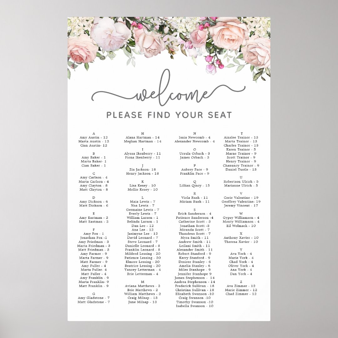 Pink Rose Alphabetical Quinceanera Seating Chart | Zazzle