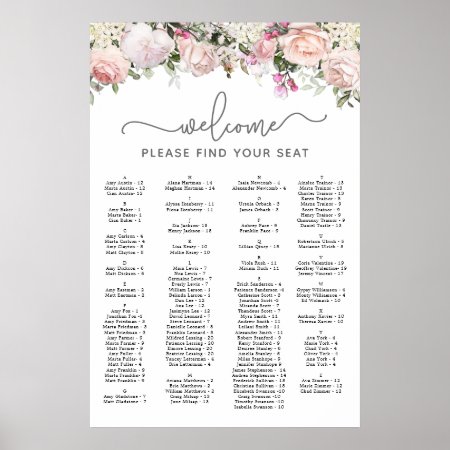 Pink Rose Alphabetical Quinceanera Seating Chart
