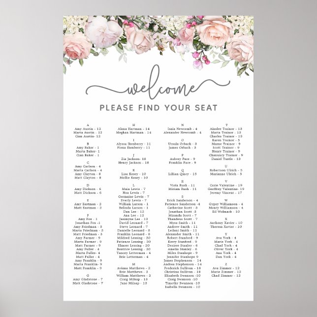 Pink Rose Alphabetical Sweet 16 Seating Chart (Front)