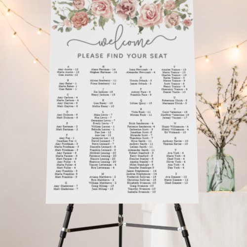 Pink Rose Alphabetical Wedding Seating Chart Foam Board