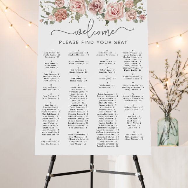 Pink Rose Alphabetical Wedding Seating Chart Foam Board (In Situ (Stand))
