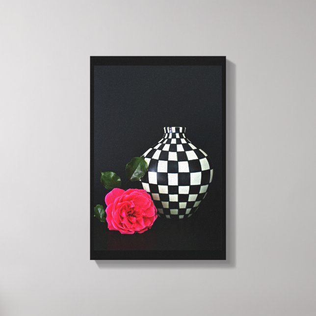 Pink Rose and a Checkered Vase Canvas Print (Front)