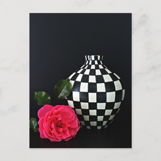 Pink Rose and a Checkered Vase Postcard (Front)