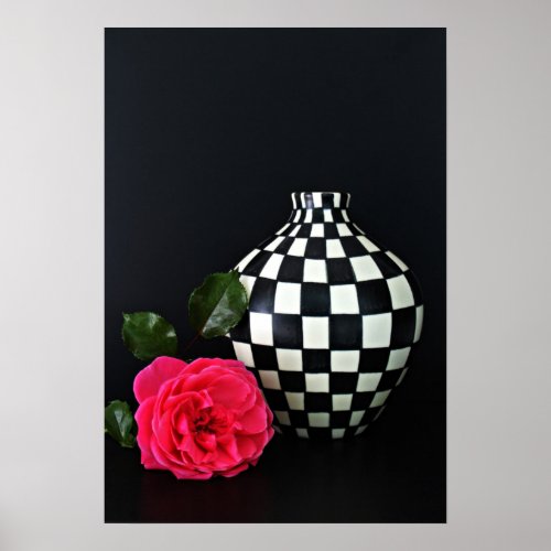 Pink Rose and a Checkered Vase Poster