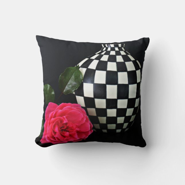 Pink Rose and a Checkered Vase Throw Pillow (Front)