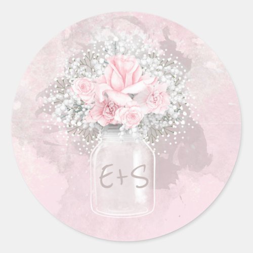 Pink Rose and Babys Breath Wedding Mason Jar Classic Round Sticker