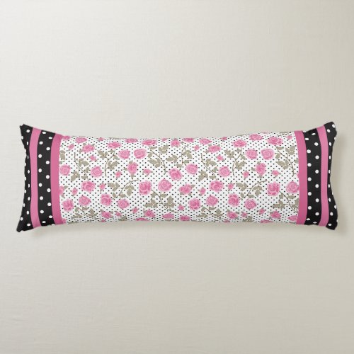 Pink Rose And Black And White Polka Dots Body Pillow