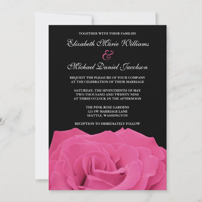 Pink Rose and Black Wedding Invitation (Front)
