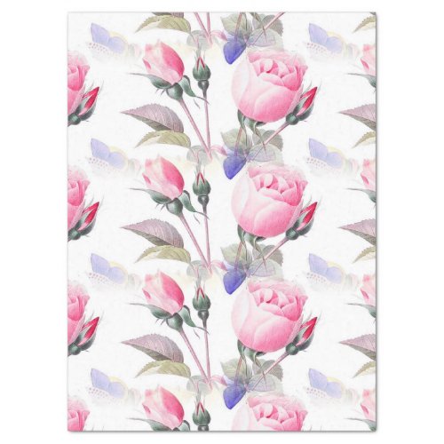 Pink Rose and Blue Butterflies Floral Tissue Paper