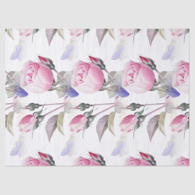 Pink Rose and Blue Butterflies Floral Tissue Paper (Front)