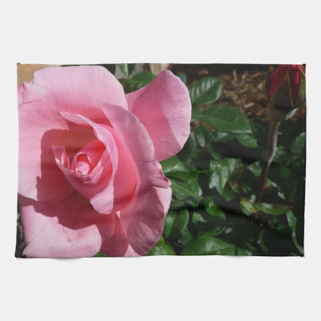 Pink Rose and Bud Garden Floral Towel (Horizontal)