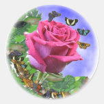 Pink Rose and Butterflies Classic Round Sticker