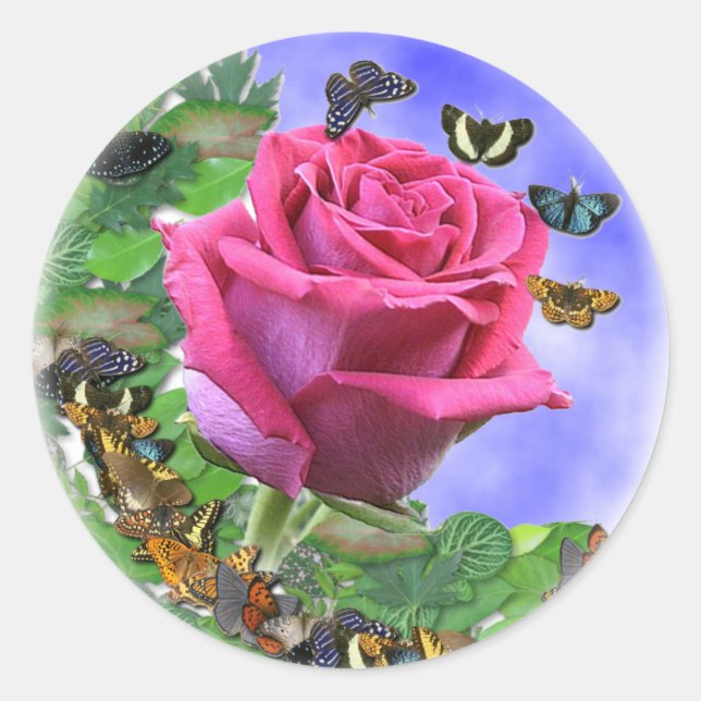 Pink Rose and Butterflies Classic Round Sticker (Front)