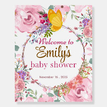 Pink Rose and Butterfly Baby Shower Welcome Sign