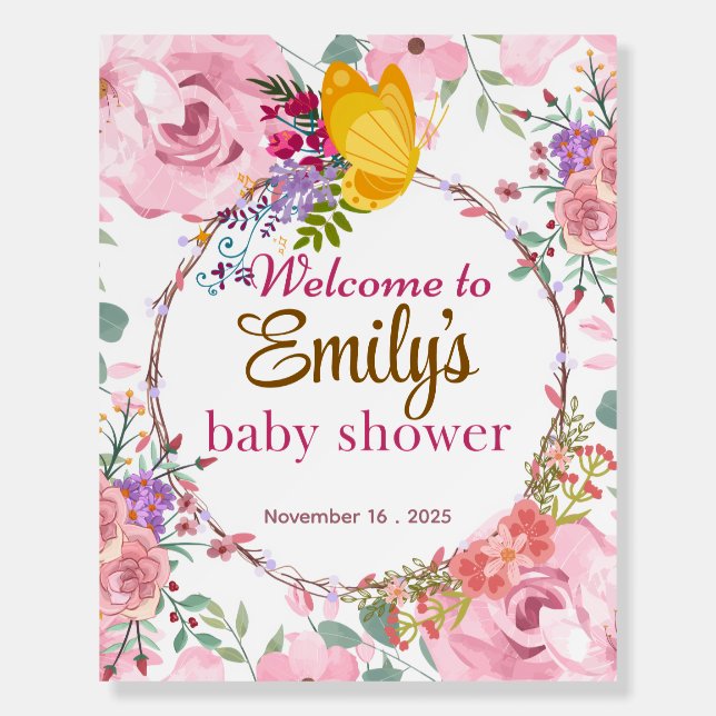 Pink Rose and Butterfly Baby Shower Welcome Sign (Front)