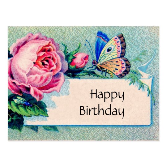 Pink rose and butterfly: Happy Birthday Postcard | Zazzle.com