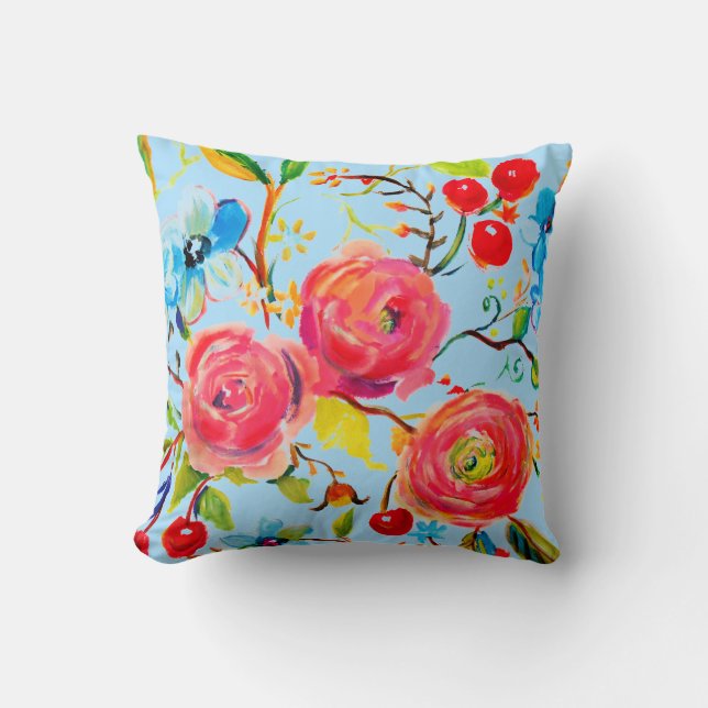 Pink Rose and Cherry Blue Sky Customizable Throw Pillow (Front)