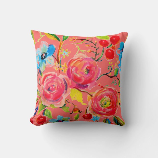 Pink Rose and Cherry Blush Customizable Throw Pillow (Front)