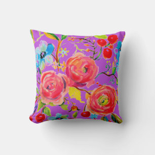 Pink Rose and Cherry Purple Customizable Throw Pillow