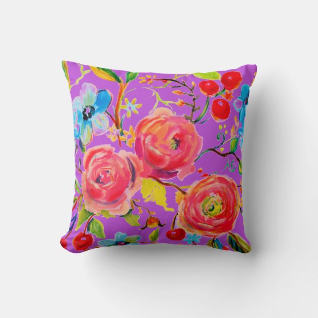 Pink Rose and Cherry Purple Customizable Throw Pillow (Front)