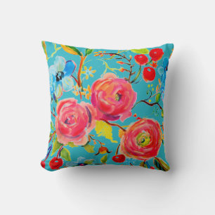 Pink Rose and Cherry Turquoise Customizable Throw Pillow
