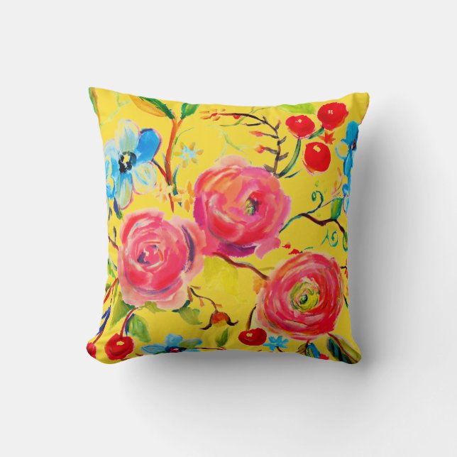 Pink Rose and Cherry Yellow Customizable Throw Pillow (Front)