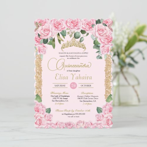 Pink Rose and Decorative Gold Elegant Quinceanera Invitation