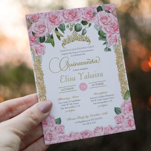Pink Rose and Decorative Gold Elegant Quinceanera Invitation