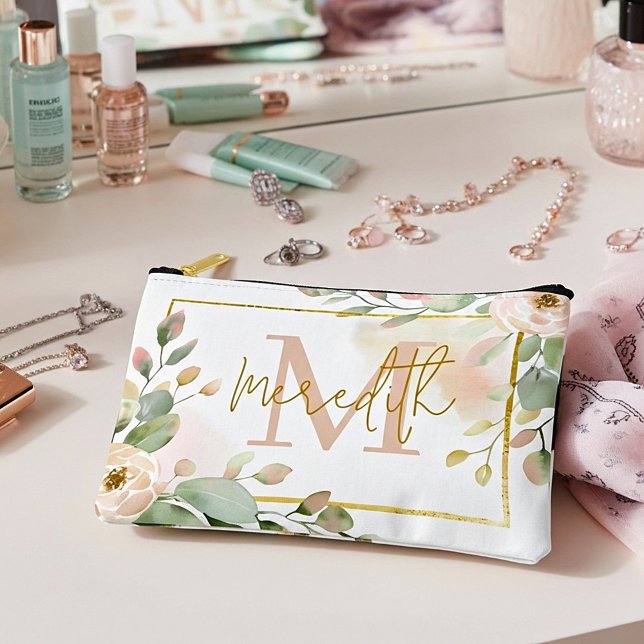 Pink rose and eucalyptus personalized accessory pouch (Creator Uploaded)