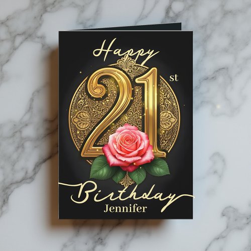 Pink Rose and Gold Filigree Number 21st Birthday