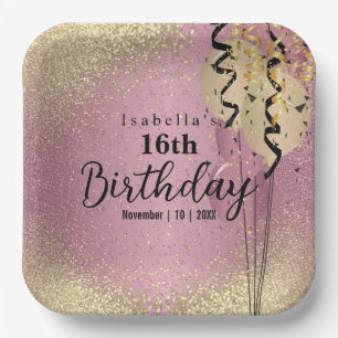 Pink Rose and Gold Glitter Birthday   Paper Plates