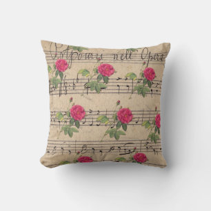 Pink Rose and Green Bicycle Music Sheet Throw Pill Throw Pillow