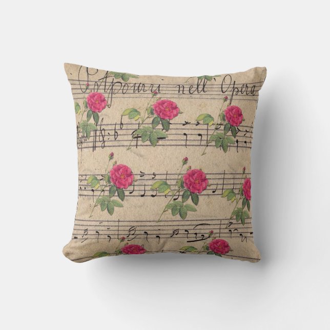 Pink Rose and Green Bicycle Music Sheet Throw Pill Throw Pillow (Front)
