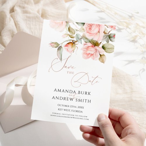 Pink Rose and Greenery Save the Date Invitation