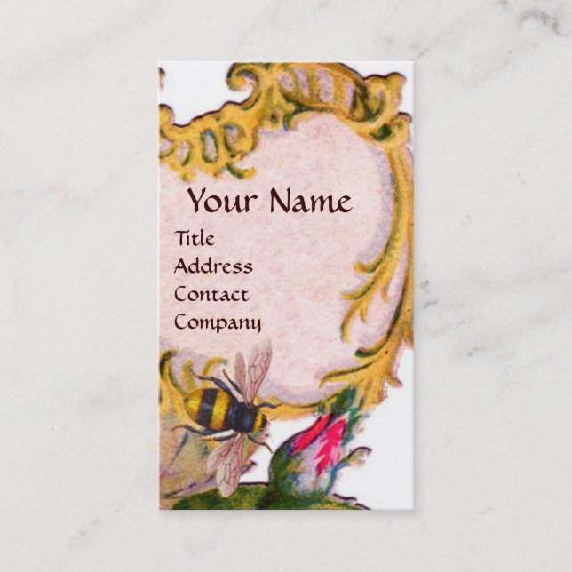 PINK ROSE AND HONEY BEE BEEKEEPER MONOGRAM BUSINESS CARD (Front)