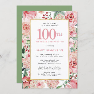 Pink Rose and Hydrangea Floral 100th Birthday Invitation